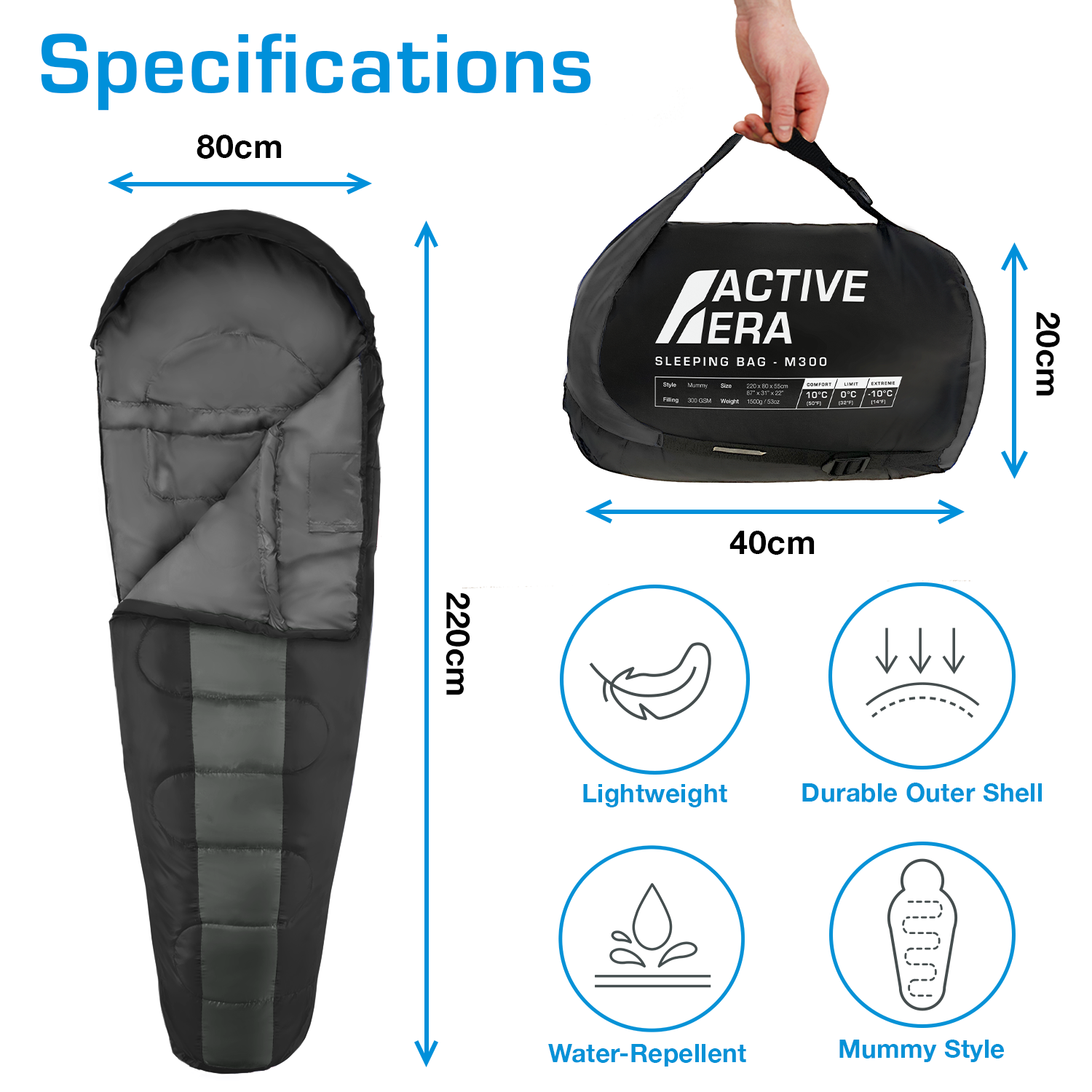 Professional 3-4 Season Mummy Sleeping Bag - Black - (300 GSM)