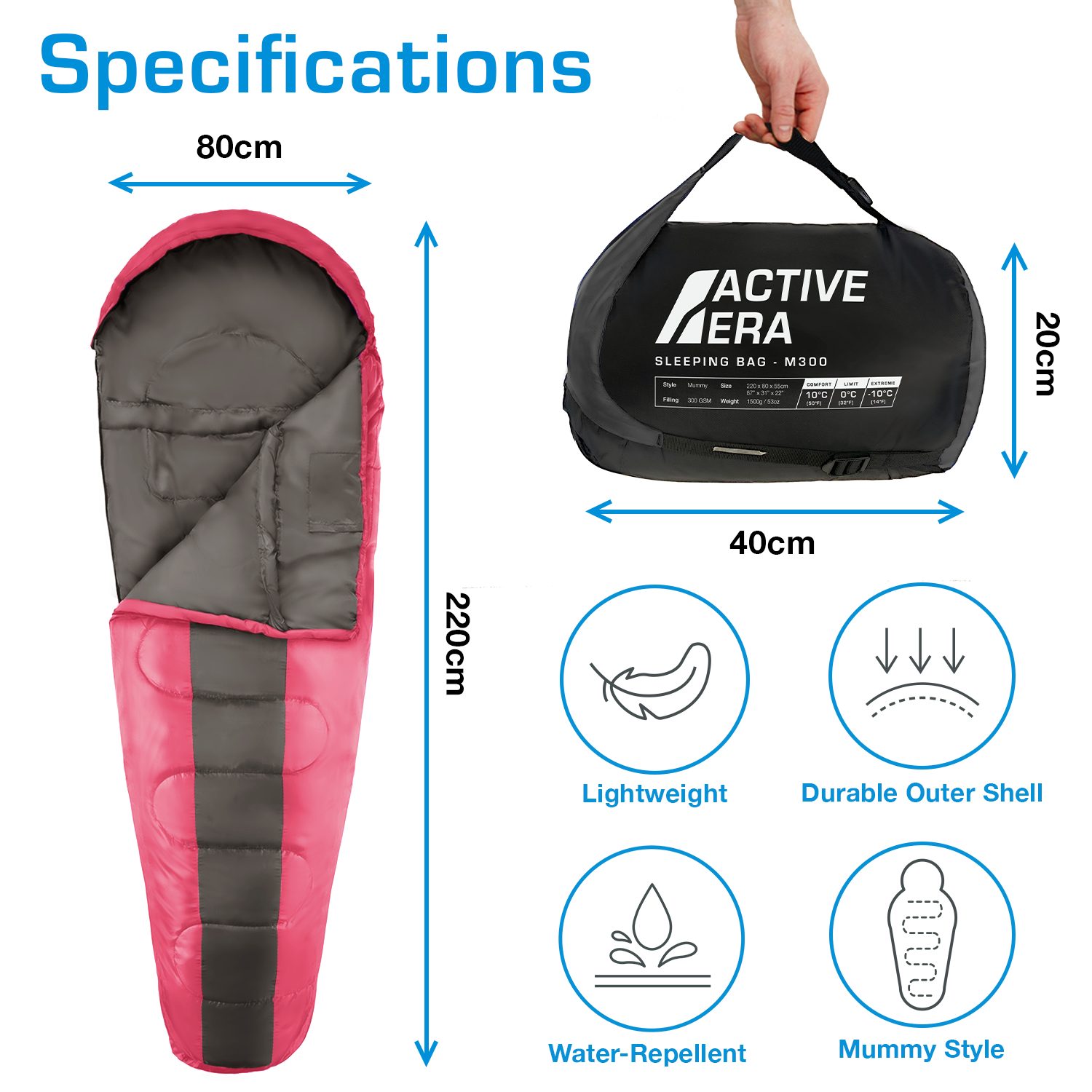 Professional 3-4 Season Mummy Sleeping Bag - Pink - (300 GSM)