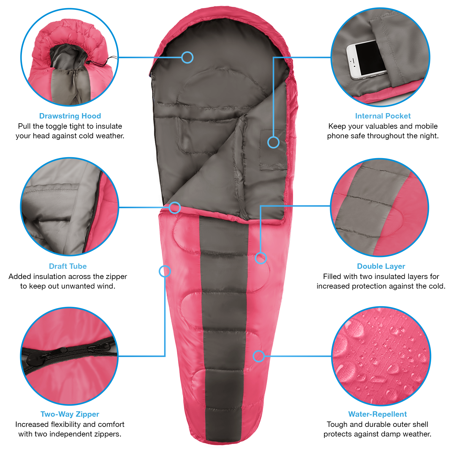 Professional 3-4 Season Mummy Sleeping Bag - Pink - (300 GSM)