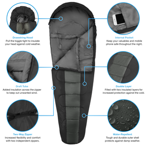 Professional 3-4 Season Mummy Sleeping Bag - Black - (300 GSM)