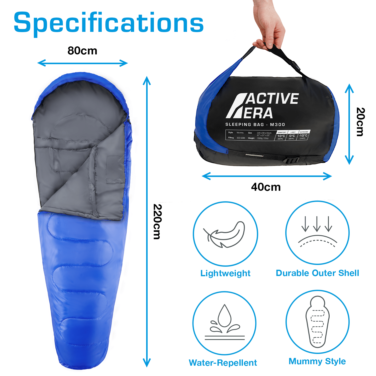 Professional 3-4 Season Mummy Sleeping Bag - Blue - (300 GSM)